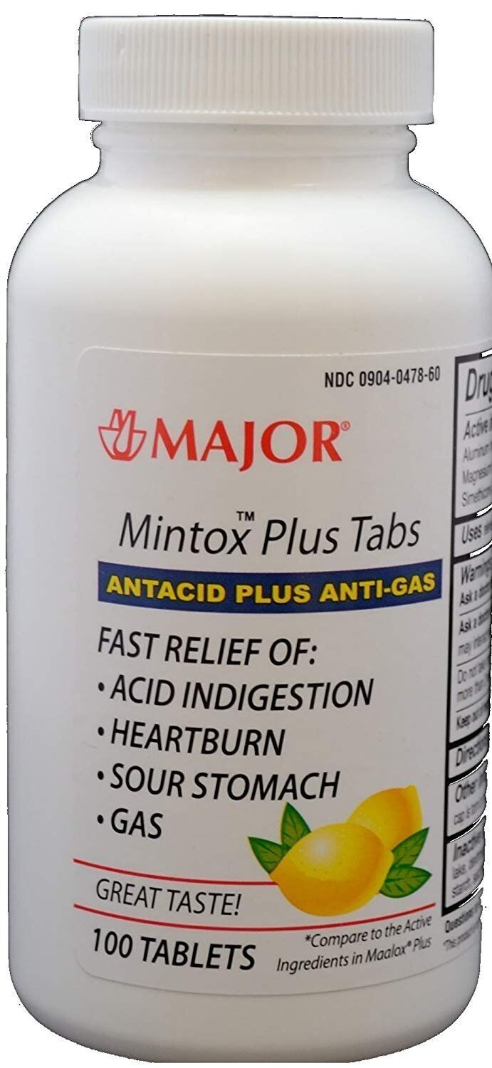 Major Mintox Plus Tabs Antacid Plus Anti-Gas Lemon Mint Flavor Tablets 100 Count