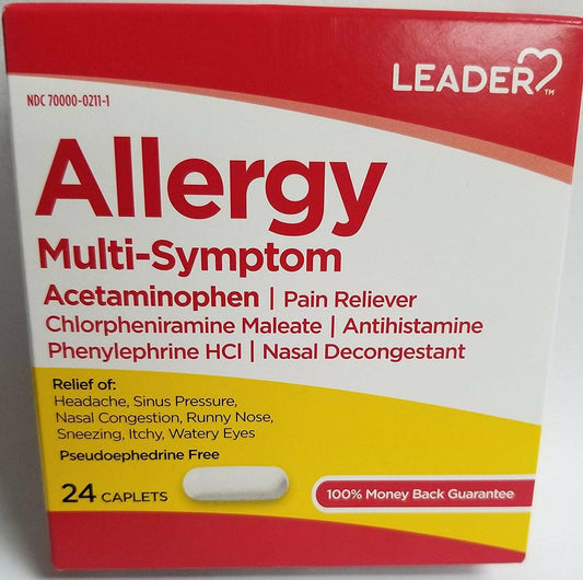 Leader Allergy Multi-Symptom Acetaminophen Pain Reliever Caplets 24 Ct