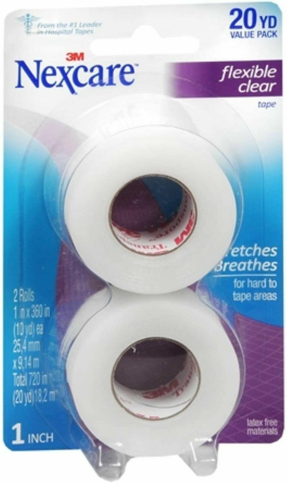Nexcare Flexible Clear Tape Stretches & Breathes ValuePack  1 Inches x 20 Yard