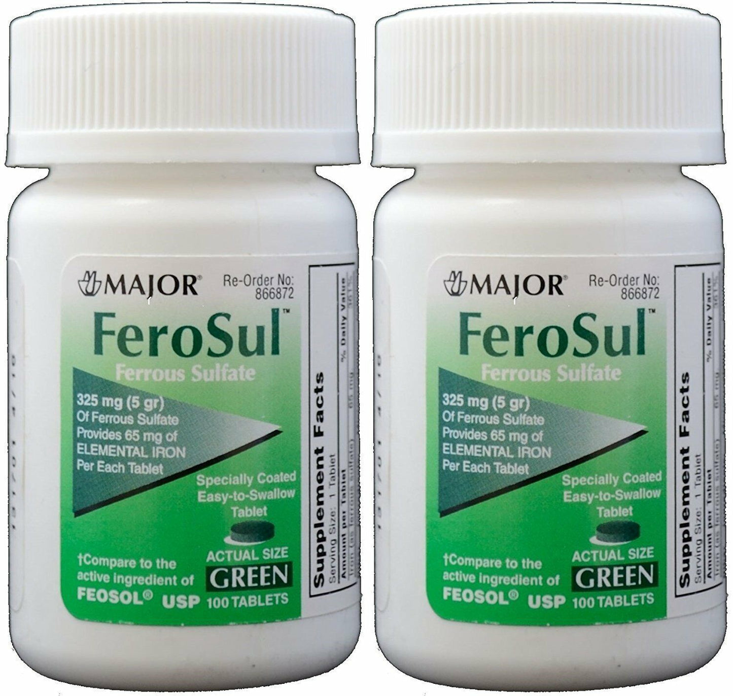 Major Ferosul Ferrous Sulfate 325mg Blood Health Green Tablets 100ct    2