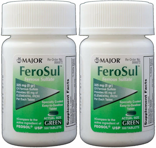 Major Ferosul Ferrous Sulfate 325mg Blood Health Green Tablets 100ct    2