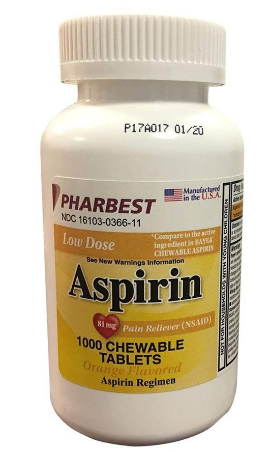 Pharbest Aspirin Pain Reliever Chewable Tablets Orange Flavor 81 mg 1000 count