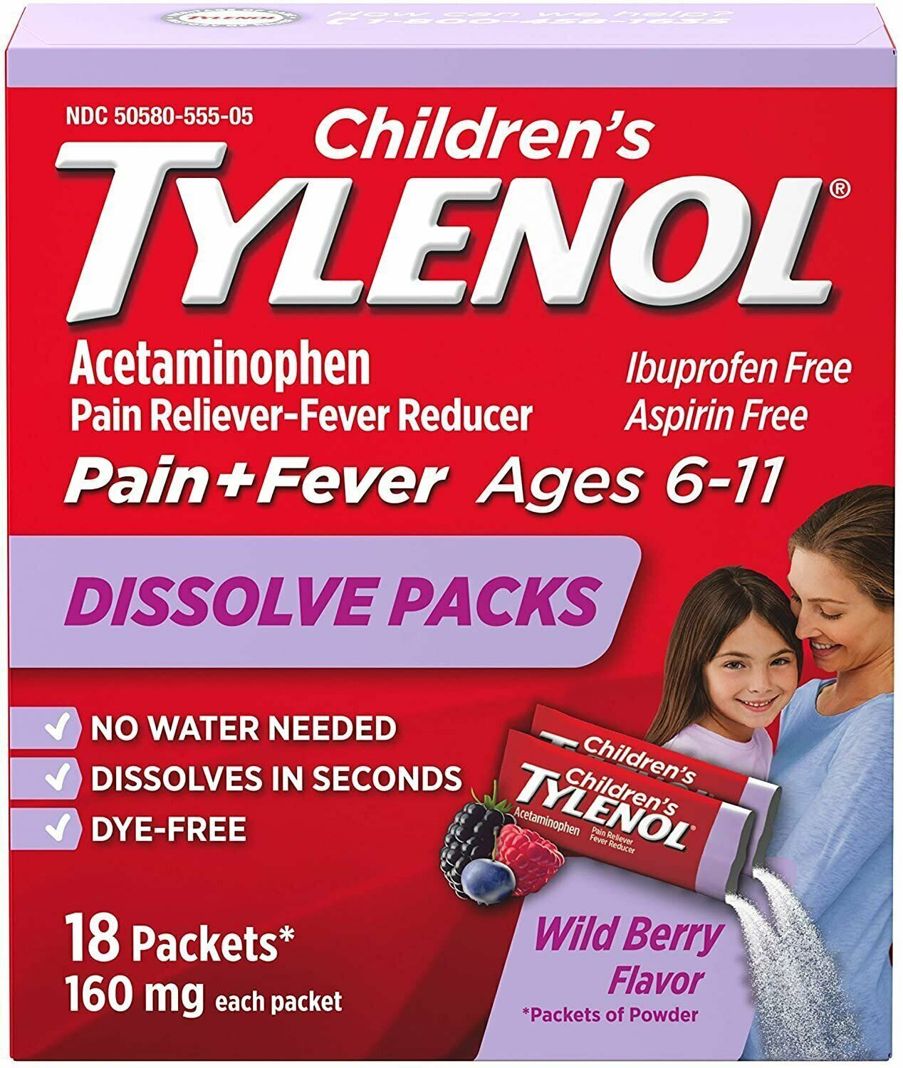 Childrens Tylenol Acetaminophen Dissolve    Powder Wild Berry Flavor 18 Count