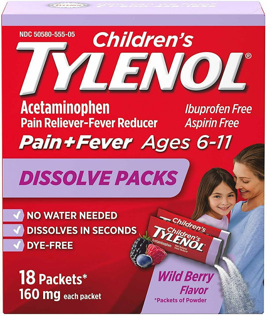 Childrens Tylenol Acetaminophen Dissolve    Powder Wild Berry Flavor 18 Count