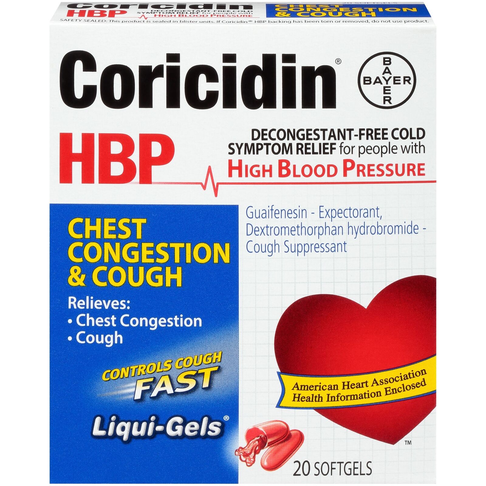 Coricidin HBP Chest Congestion and Cough Suppresant Fast Relief Liqui-Gels 20 Ct