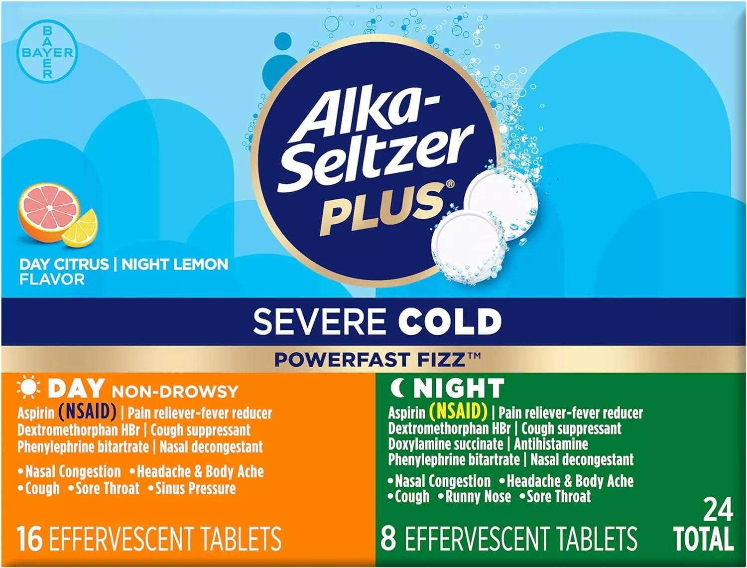 Alka-Seltzer Plus Severe Cold Day/Night PowerFast Fizz - 24 Ct Effervescent Tabs