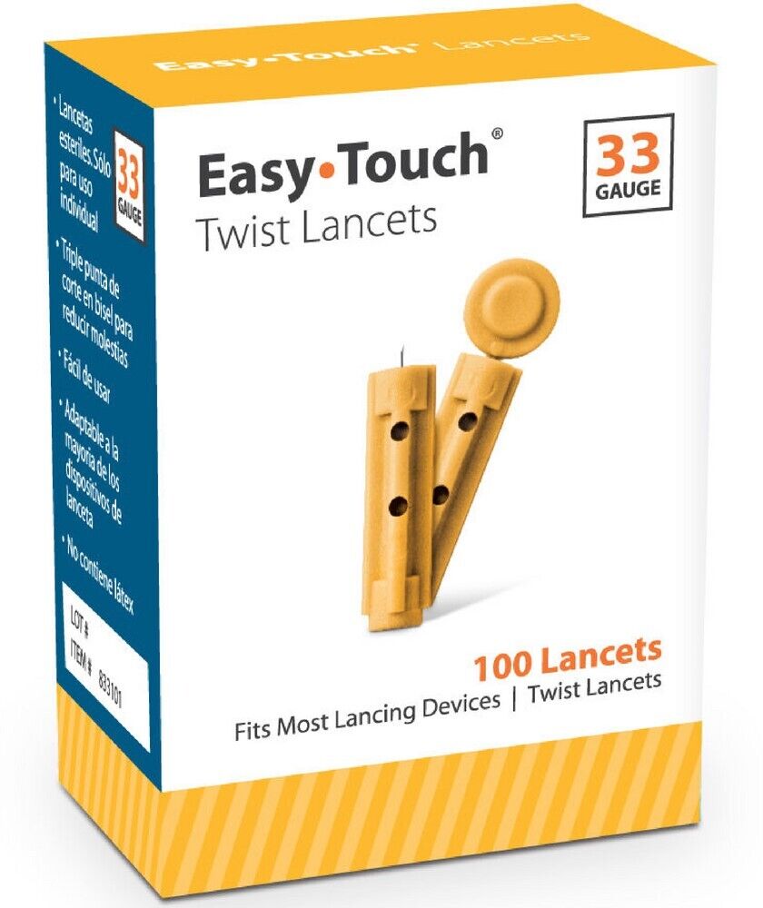 Easy Touch Twist Lancets 33 Gauge Triple Bevel Cut Long Tapered Latex Free 100ct