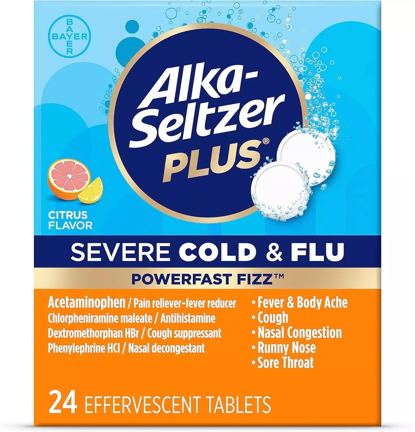 Alka-Seltzer Plus Severe Cold and Flu, Citrus Flavor - 24 Effervescent Tablets