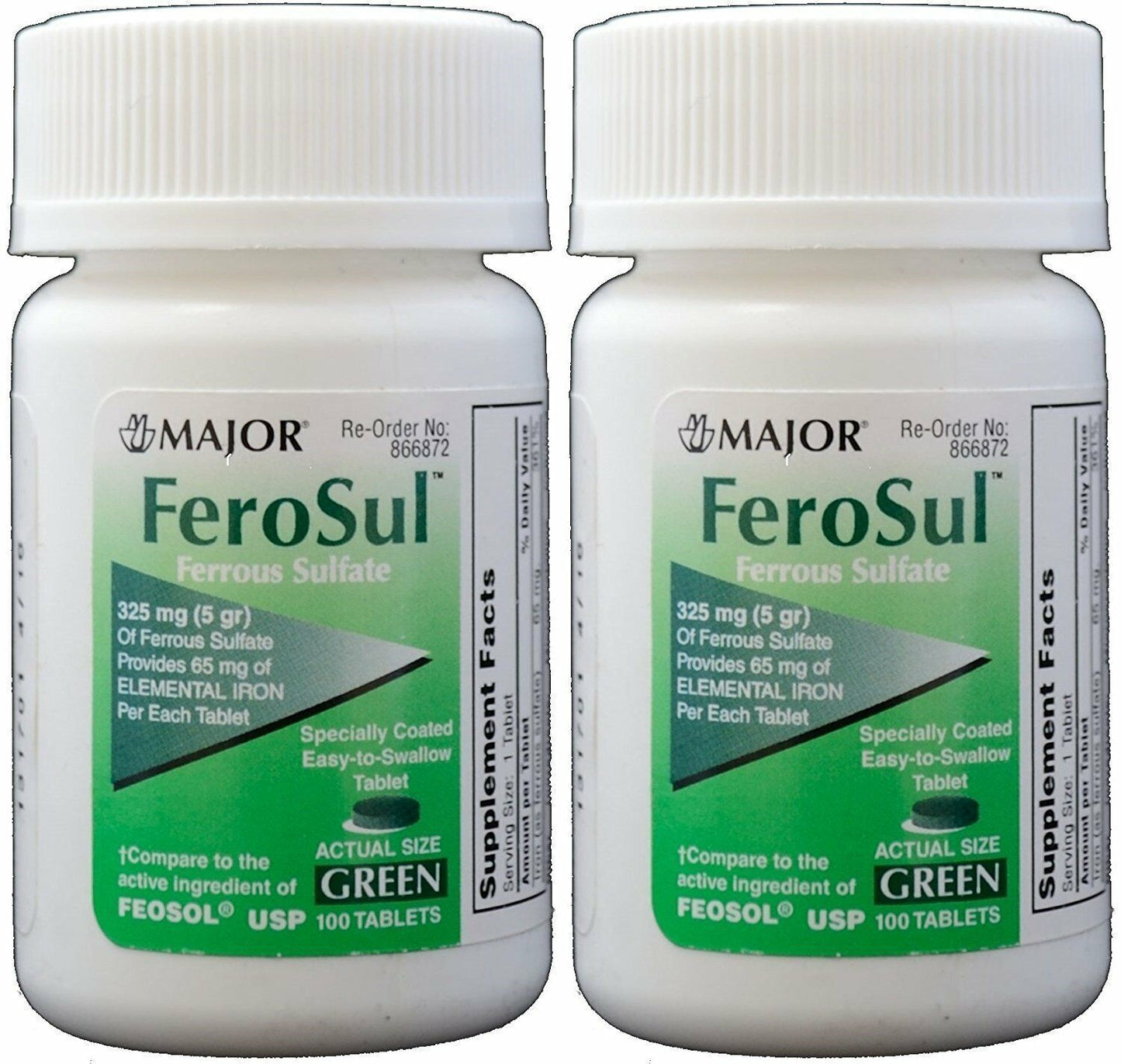 Major Ferosul Ferrous Sulfate 325mg Blood Health Green Tablets 100ct