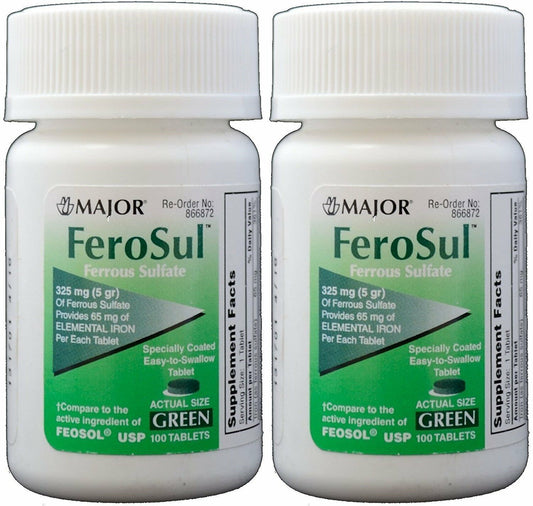 Major Ferosul Ferrous Sulfate 325mg Blood Health Green Tablets 100ct