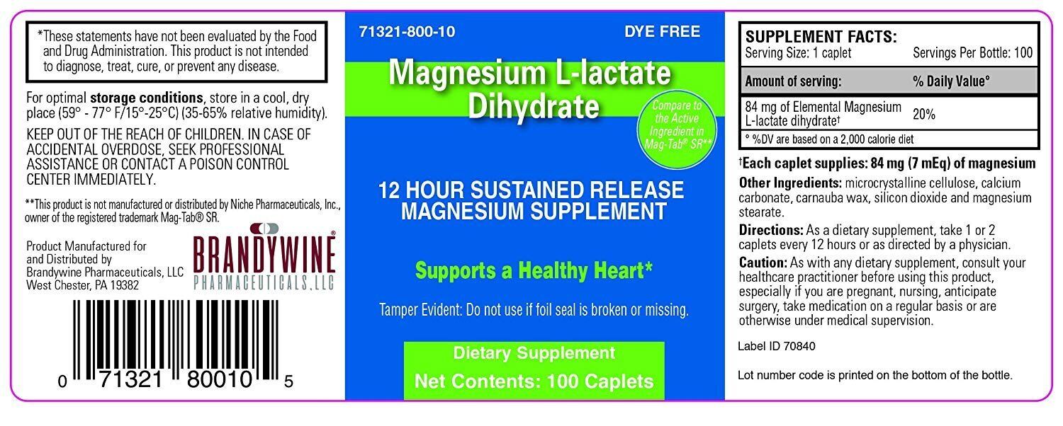 Magnesium L-lactate Dihydrate Dietary Supplement Caplets Dye Free Formula 100 Ct